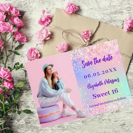 Save The Date Holographique rose violet photo Sweet 16