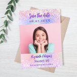 Save The Date Holographique rose violet photo Sweet 16<br><div class="desc">Un moderne et élégant Save the Date for a Sweet 16. Holographique,  rose,  violet arrière - plan avec confettis. Personnalisez et ajoutez une photo,  une date et un nom.</div>