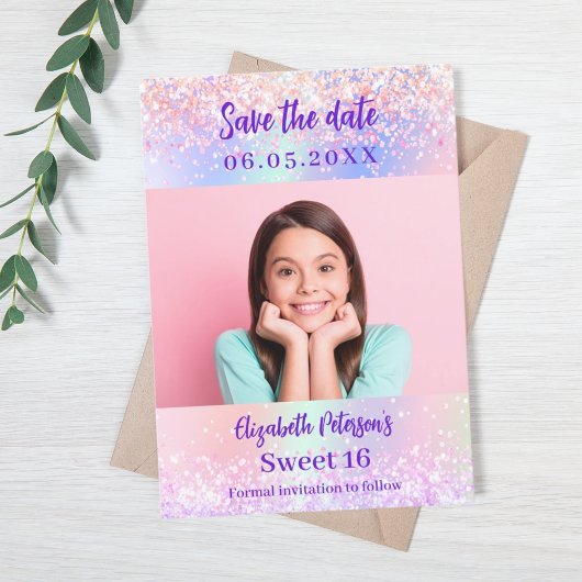 Save The Date Holographique rose violet photo Sweet 16