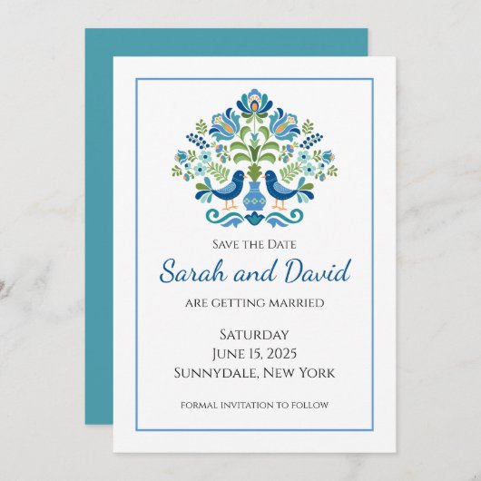 Save The Date Hongrois Design Blue Birds (Devant / Derrière)