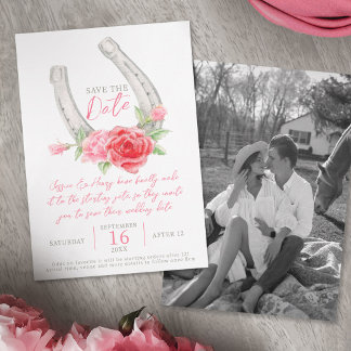 Save The Date Horseshoe roses watercolor gray red pink wedding