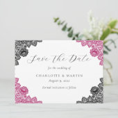 Save The Date Hot Pink and Black Floral Lace Wedding (Debout devant)
