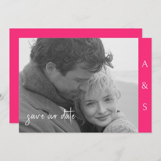 Save The Date Hot rose moderne Simplicité B/W Photo Horizontale (Devant / Derrière)