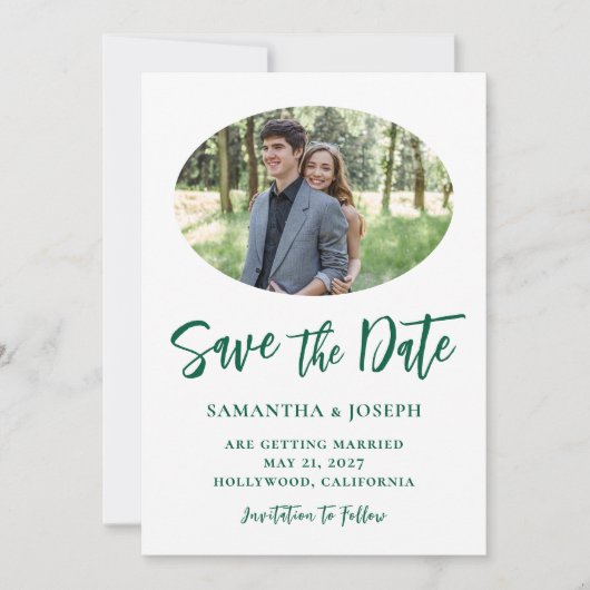 Save The Date Hunter Green Script manuscrit Oval Photo (Devant)