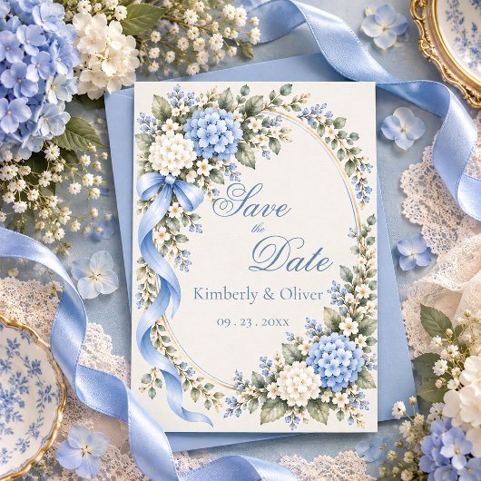 Save The Date Hydrangea Bleu Blanc Mariage Élégant 