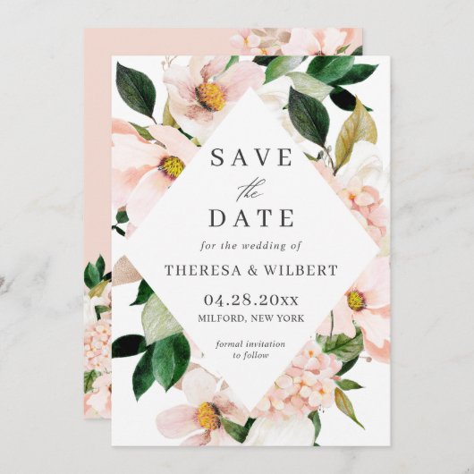 Save The Date Hydrangea Blossom Blush rose Mariage Floral (Devant / Derrière)
