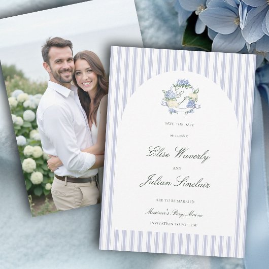 Save The Date Hydrangea Blue Stripes Arch Coastal Photo Wedding