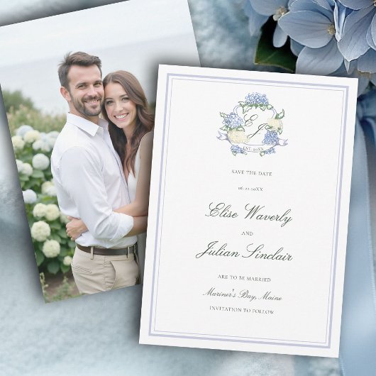 Save The Date Hydrangea Crest Formal Blue Coastal Photo Wedding