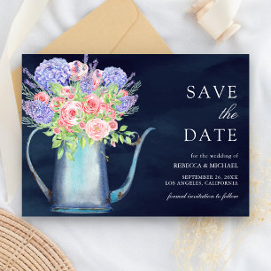 Save The Date Hydrangea Roses Rose Foncé Bleu Marine Mariage
