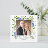 Save The Date Hydrangeas Bleus Aquarelle Florale Photo (Debout devant)