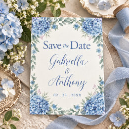 Save The Date Hydrangeas Bleus Écriture Florale Aquarelle