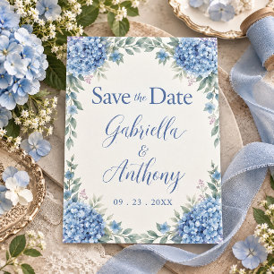 Save The Date Hydrangeas Bleus Écriture Florale Aquarelle