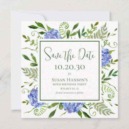 Save The Date Hydrangeas bleus pour 60e anniversaire (Devant)