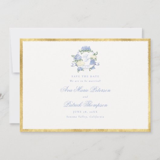 Save The Date Hydrangeas Crest Blue Ivory Gold Frame Mariage (Devant)