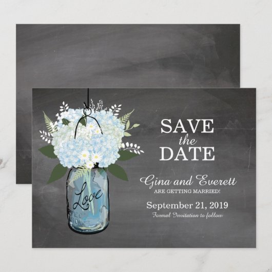 Save The Date Hydrangeas dans un pot Mason avec un tableau noir  (Devant / Derrière)
