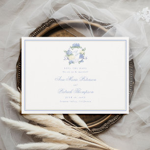 Save The Date Hydrangeas Formelles Crête Bleu Cadre en Ivoire Ma