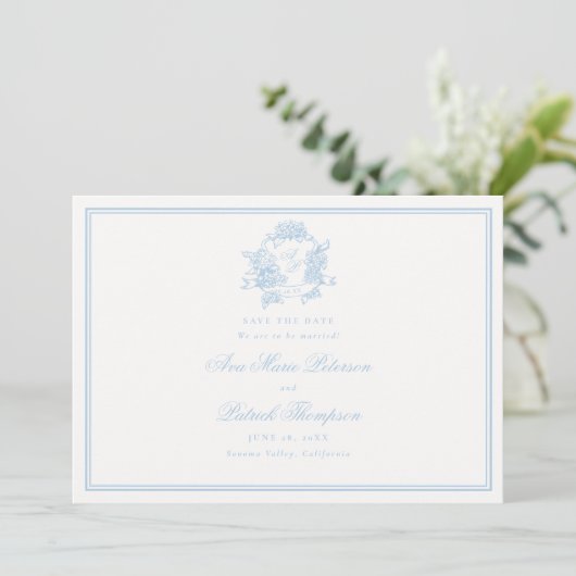 Save The Date Hydrangée formelle Crest Classic Blue Frame Mariag (Debout devant)