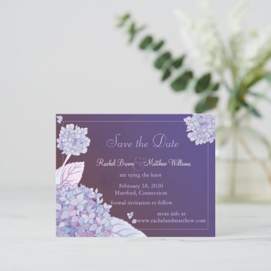 Save The Date Hydrangée violette Mariage floral Enregistrer la d (Debout devant)
