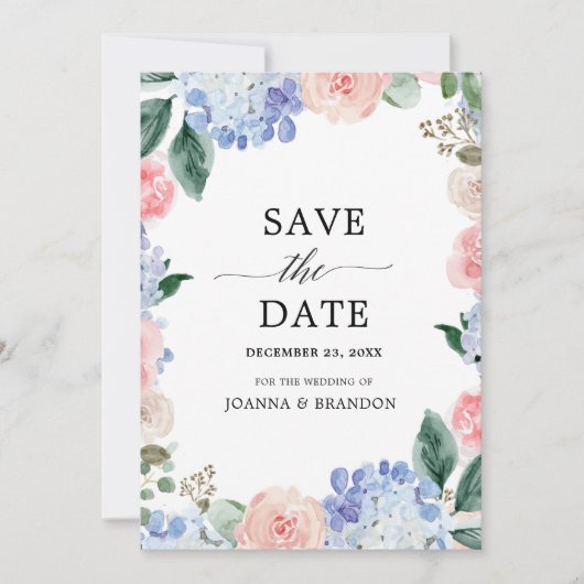 Save The Date Hydrangées bleu pâle rose pastel mariage (Devant)