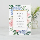 Save The Date Hydrangées bleu pâle rose pastel mariage (Debout devant)