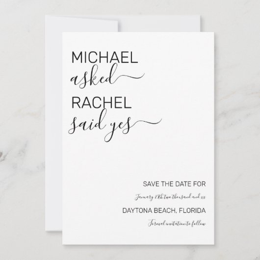 Save The Date Il Lui A Demandé : Oui Simple Mariage Blanc Noir (Devant)