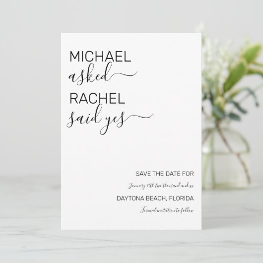Save The Date Il Lui A Demandé : Oui Simple Mariage Blanc Noir (Debout devant)