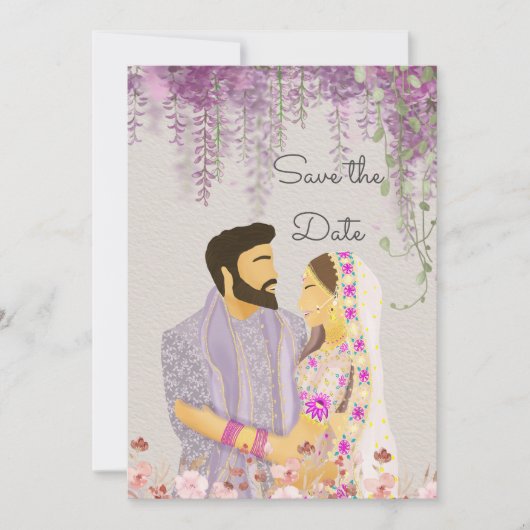 Save The Date Illustration de couple indien Lilac Delight (Devant)