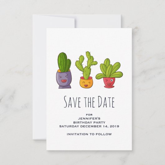 Save The Date Illustration de mignons cactus dans des pots de fl (Devant)