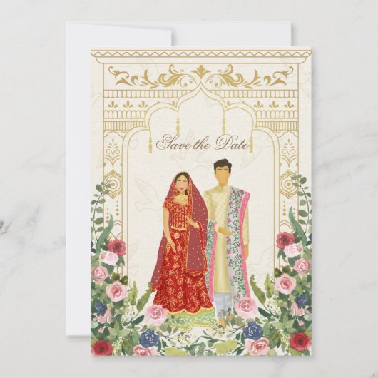 Save The Date Illustration du couple indien Red & Gold (Devant)