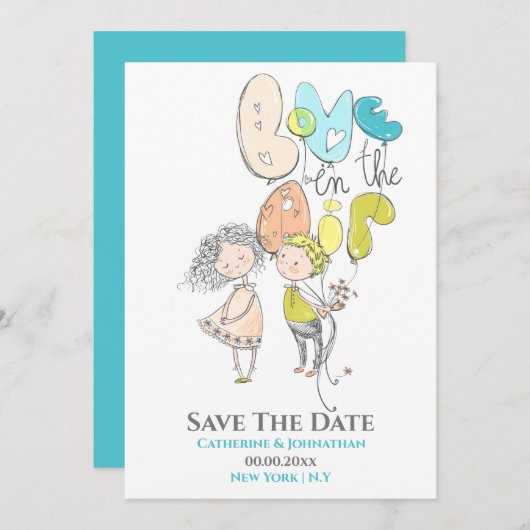 Save The Date Illustration d'un couple mignon, l'amour dans l'ai (Devant / Derrière)