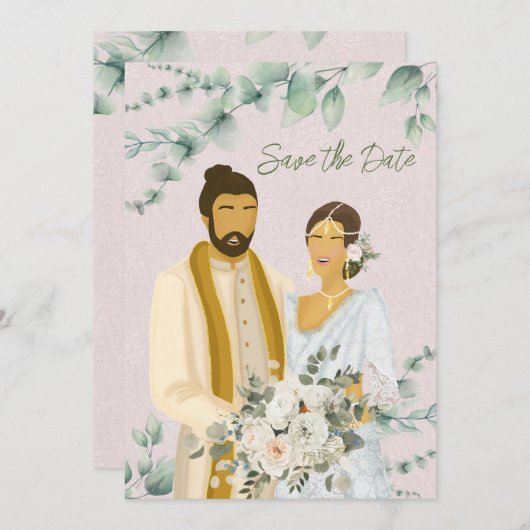Save The Date Illustration d'un Mariage sinhalais en couple (Devant / Derrière)