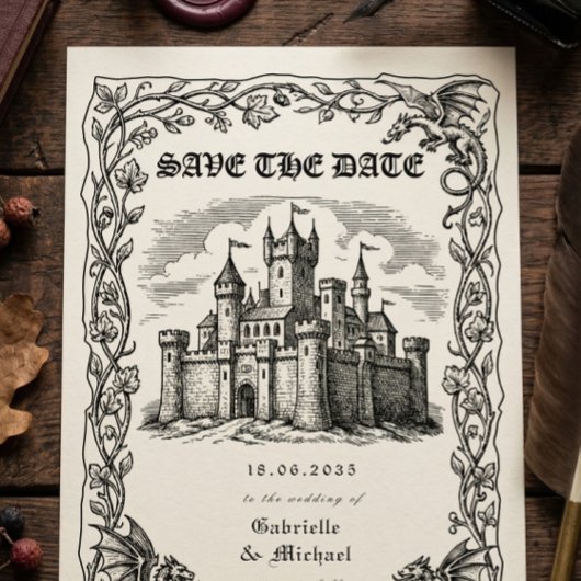 Save The Date Illustration en noir et blanc d'un château médiéva
