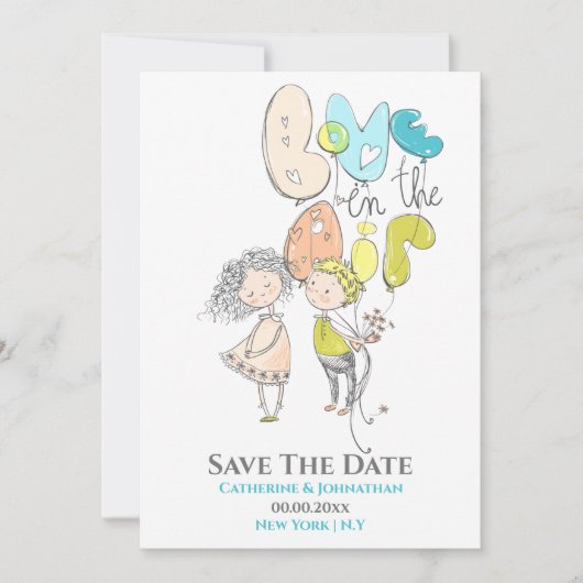 Save The Date Illustration joli couple amour dans l'air aqua ora (Devant)
