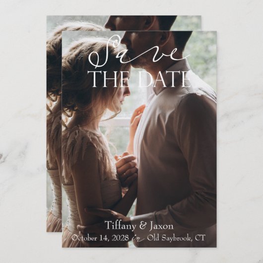 Save The Date Image de couple Texte de script blanc Enregistrer (Devant / Derrière)