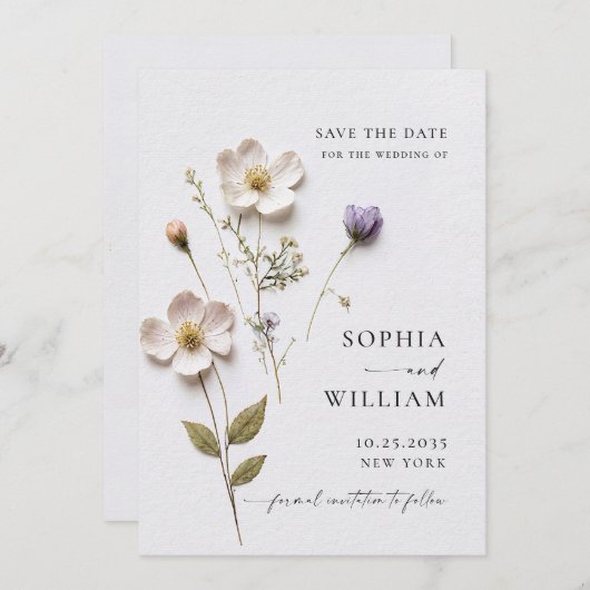 Save The Date Impression élégante Fleurs boho pastel pressées Ma (Devant / Derrière)
