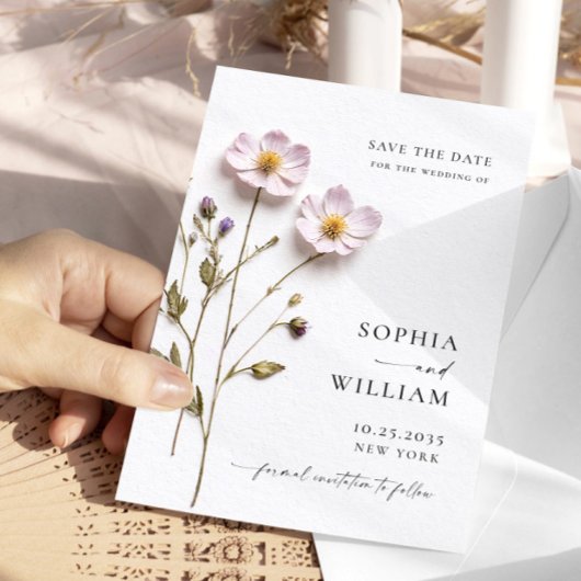 Save The Date Impression élégante Pressée Fleurs pastel Boho Mar