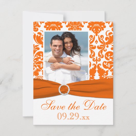 Save The Date IMPRIMÉE RIBBON Orange Damask Photo Enregistrer la (Devant)