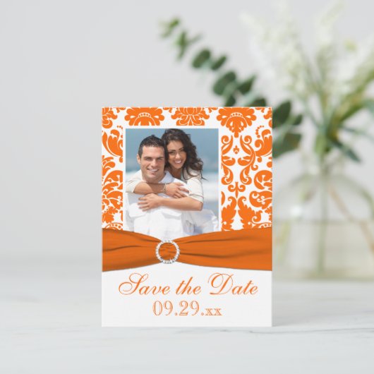 Save The Date IMPRIMÉE RIBBON Orange Damask Photo Enregistrer la (Debout devant)