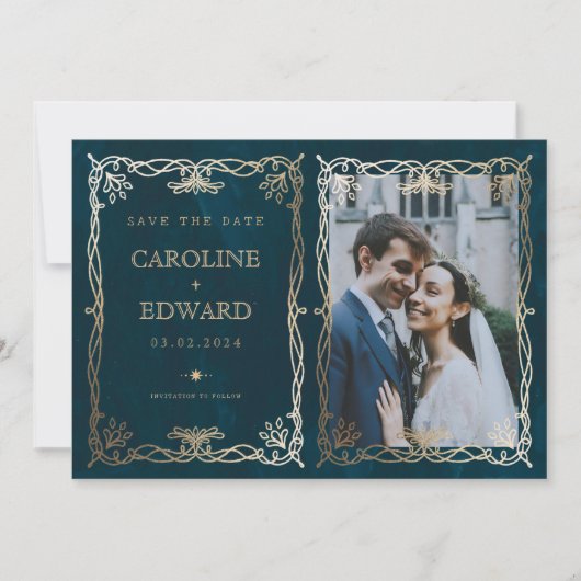 Save The Date Indigo Medieval Gold Ivy Photo Code QR (Devant)