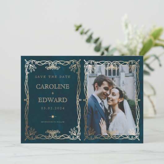 Save The Date Indigo Medieval Gold Ivy Photo Code QR (Debout devant)