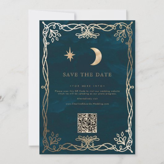 Save The Date Indigo Medieval Gold Ivy Photo Code QR (Dos)