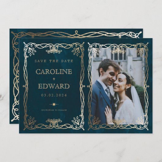 Save The Date Indigo Medieval Gold Ivy Photo Code QR (Devant / Derrière)