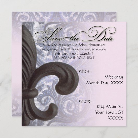 Save The Date indigo/rose "fer fleur de lis" Enregistrer la date (Devant / Derrière)