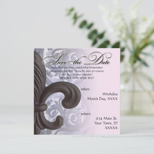 Save The Date indigo/rose "fer fleur de lis" Enregistrer la date (Debout devant)