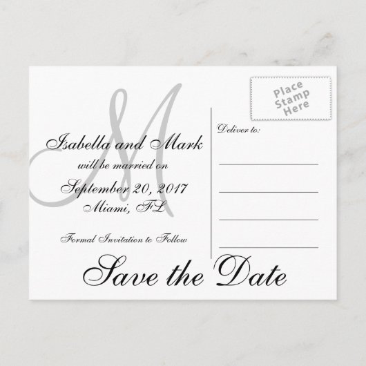 Save the Date, Initiaal, Monogram, Zwart, Grijs Aankondigingskaart (Achterkant)