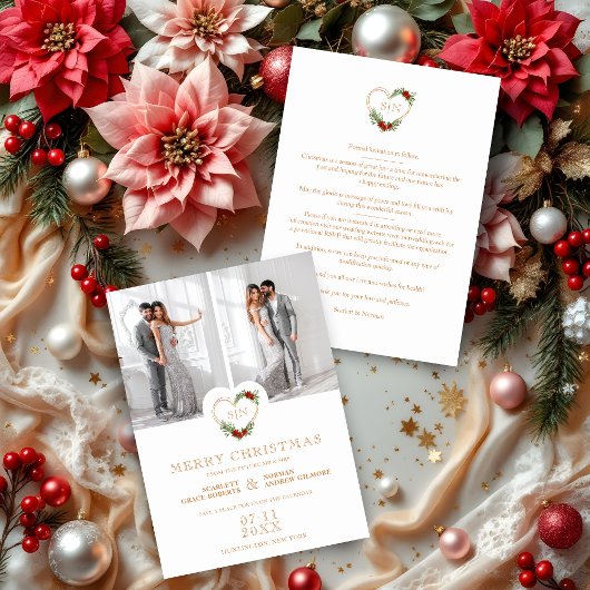 Save The Date Initiales de luxe Floral Christmas Heart 2 Photos