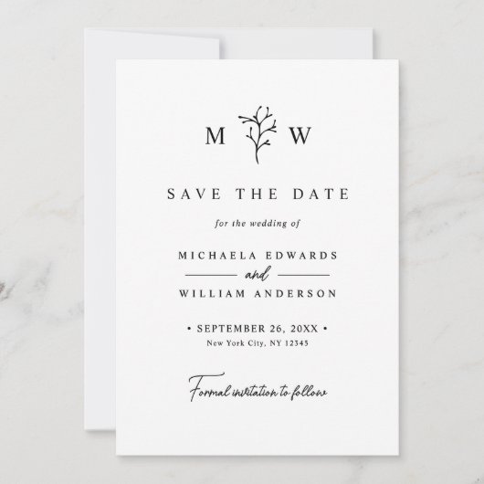Save The Date Initiales de monogramme botanique moderne pour mar (Devant)