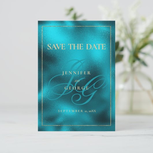 Save The Date Initiales en monogramme métallique turquoise Enreg (Debout devant)
