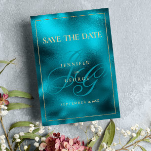 Save The Date Initiales en monogramme métallique turquoise Enreg