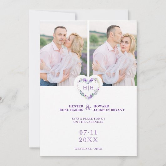 Save The Date Initiales Floral Purple Heart 2 Photos sur Blanc (Devant)